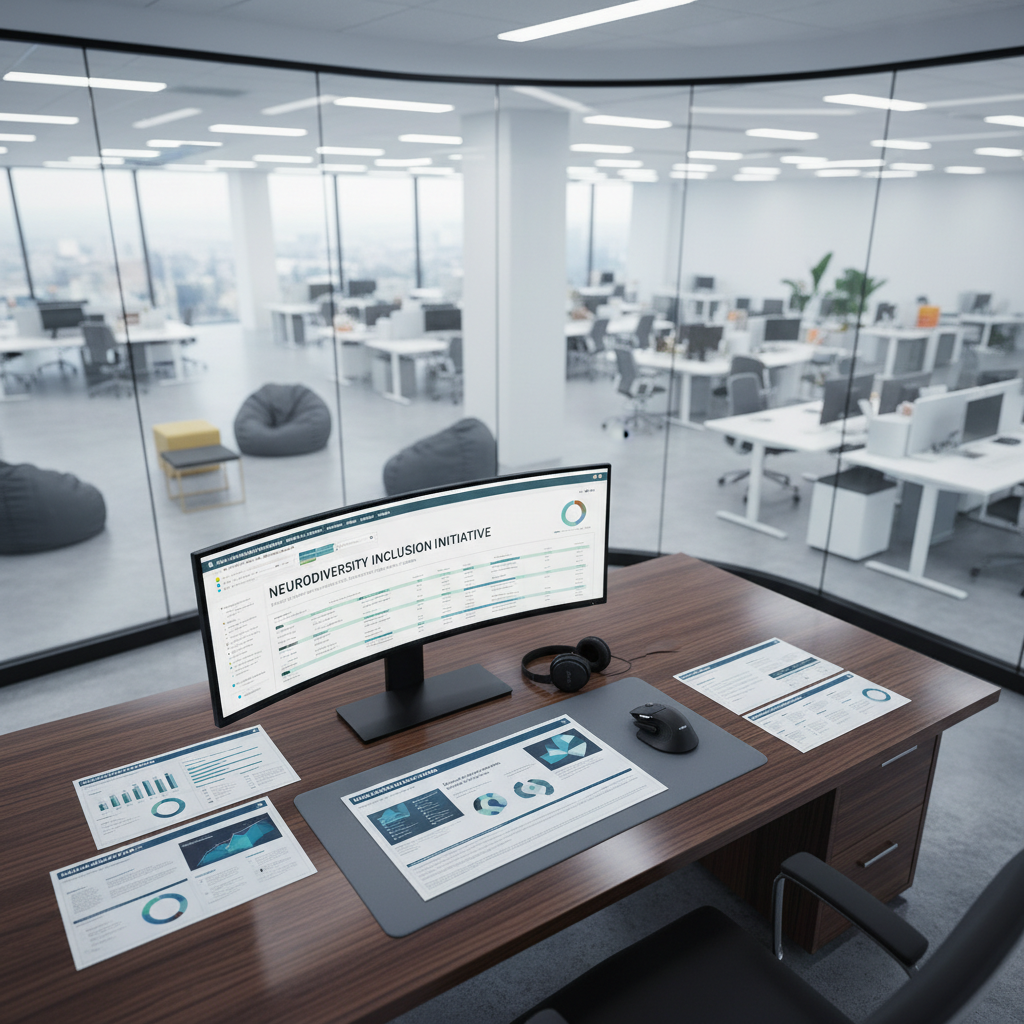 A polished executive desk in a glass-walled corner office, showcasing a comprehensive neurodiversity training rollout in progress: a large, ultra-wide monitor displays a detailed timeline and progress charts, while printed strategy documents with bold but readable layouts are arranged on a slate-gray desk pad. A pair of slim, over-ear headsets rests beside a minimalist wireless keyboard, and two different styles of ergonomic mice hint at varied user needs. Outside the glass, an open workspace with diverse seating zones is softly out of focus. Cool, bright natural light mixes with understated recessed ceiling lights, creating a confident, forward-looking mood. Photographic realism, shot from a three-quarter overhead view that highlights the strategic materials while including just enough background to convey organizational scale and seriousness.